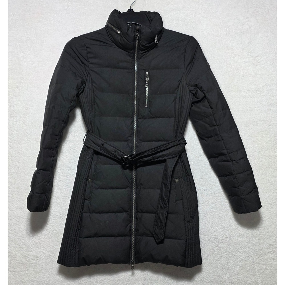 Armani Exchange Women's Black Belted Down Puffer Coat Removable Hood XS Full Zip